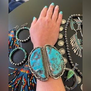 Navajo Sterling Silver Turquoise Cuff Bracelet Gigantic Vintage Ceremonial Piece